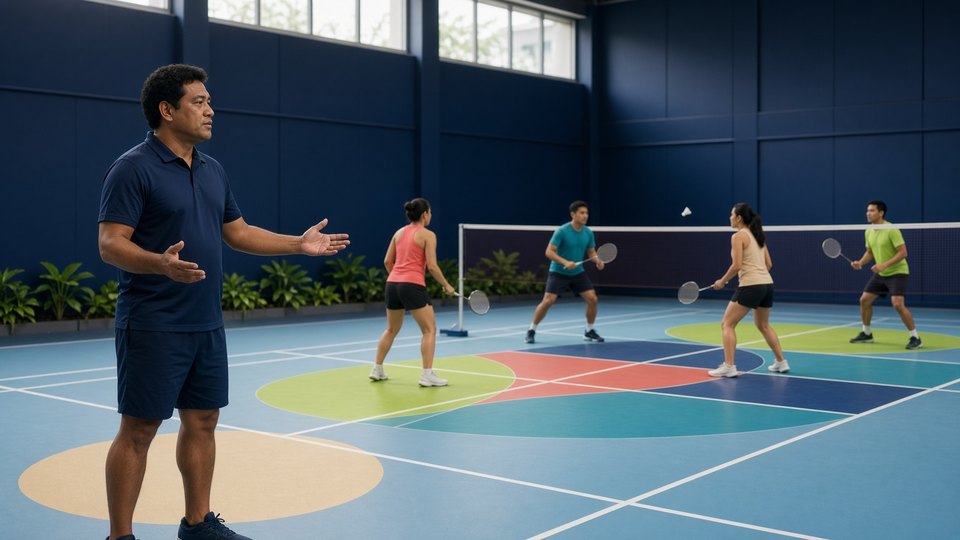 Illustrative badminton readiness scene