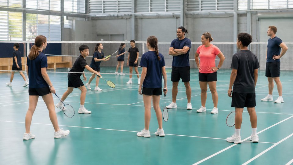 Illustrative badminton readiness scene
