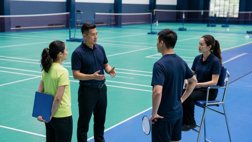 Illustrative badminton readiness scene